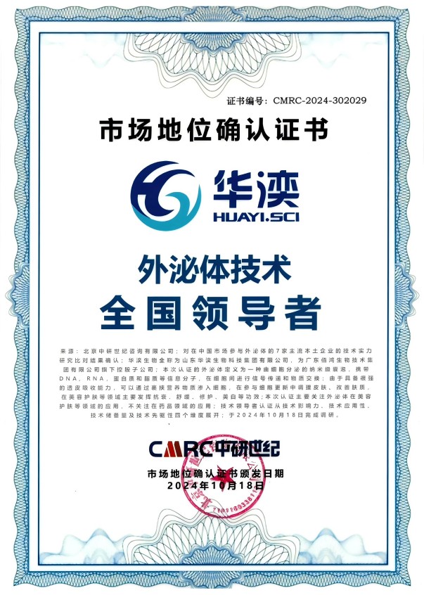 华湙生物正式获得由国际权威市场调研机构中研世纪出具的市场地位确认证书，被认定为“外泌体技术全国领导者”